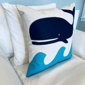 Whale on Wave Pillow, 22”, Handstitched, Heavyweight Cotton Canvas