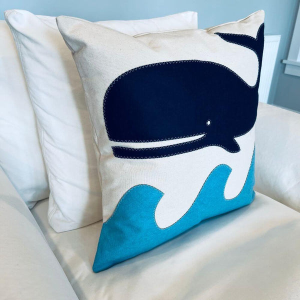 Whale on Wave Pillow, 22”, Handstitched, Heavyweight Cotton Canvas