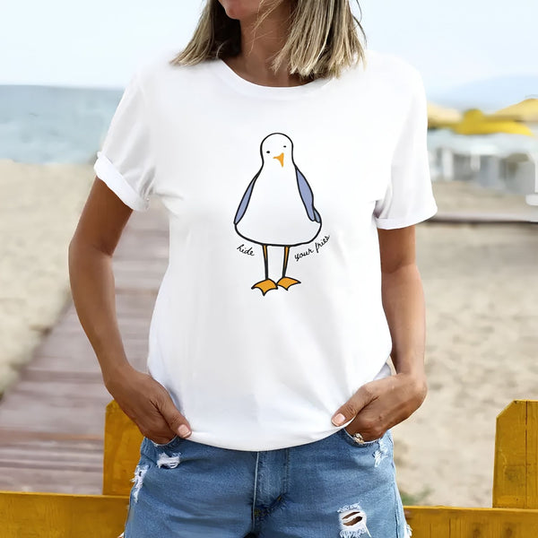 Hide Your Fries Seagull T-Shirt, Funny Beach Graphic Tee, Coastal Seagull Shirt, Nautical Gift for Beach Lovers