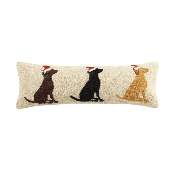 Festive beige decorative pillow with three dogs wearing Santa hats, cozy Christmas home décor accent for living room or sofa.
