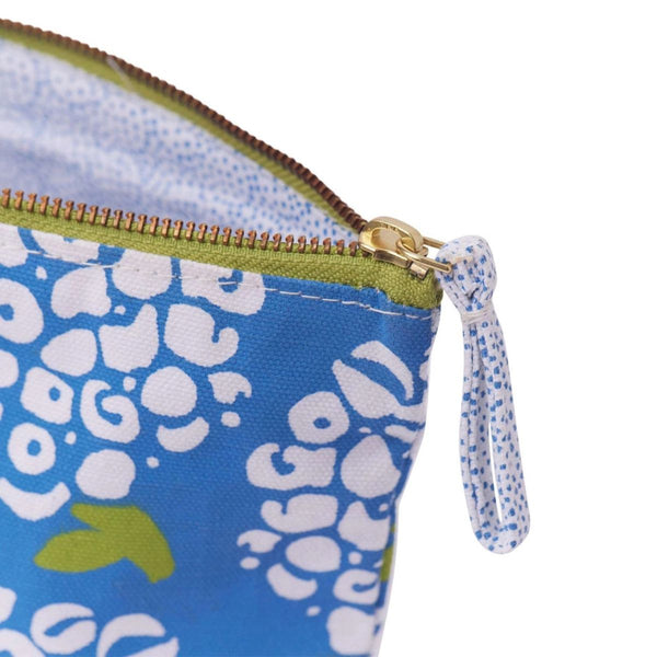 Stylish coastal-themed cotton canvas pouch with mix-and-match print, printed interior, and gold metal zipper