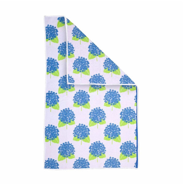 Coastal sustainable microfiber tea towel with blue hydrangea print on white background