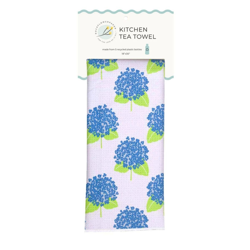 Coastal sustainable microfiber tea towel with blue hydrangea print on white background
