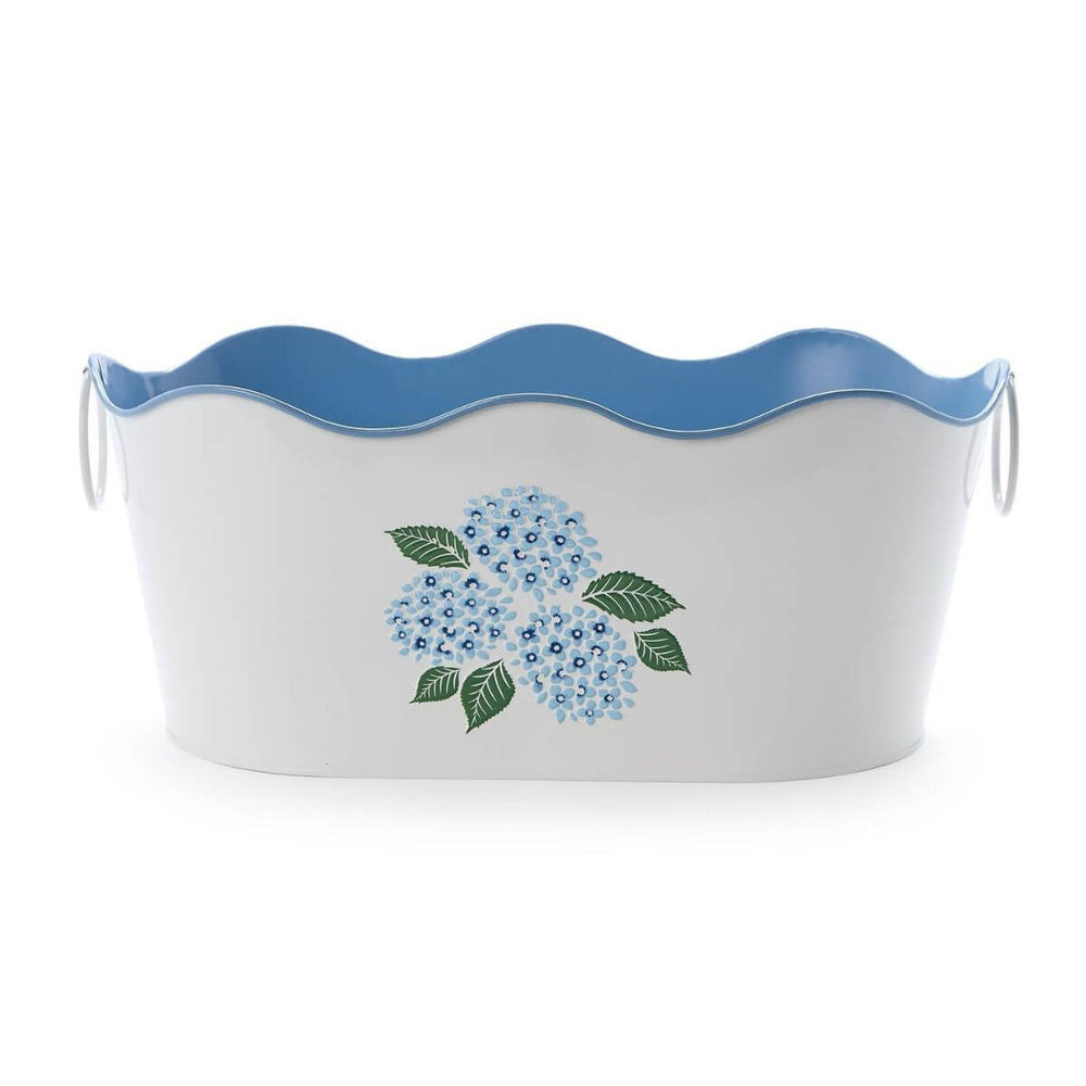 Elegant metal beverage and planter tub featuring a raised hydrangea floral design