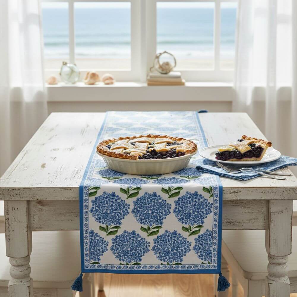 Table covered with a blue hydrangea tablecloth featuring a whole pie and a plate with several pie slices, set in a bright, sunlight room