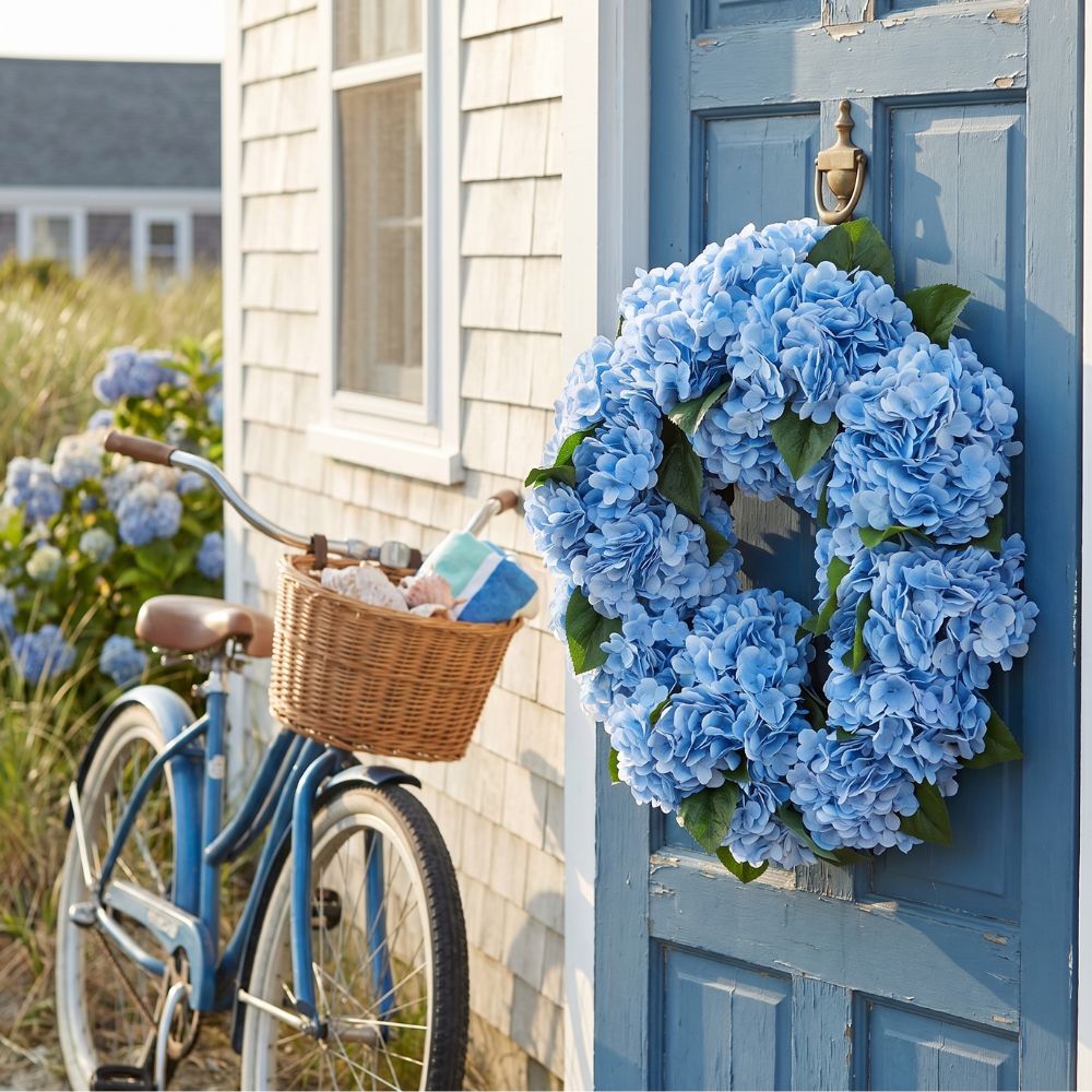 Real-touch blue hydrangea wreath, structured and durable, perfect for front doors or indoor styling