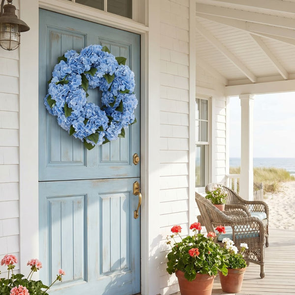 Blue Hydrangea Wreath 24 Inch Real Touch on Front Door, Coastal Porch with Ocean View and Beach House Entry
