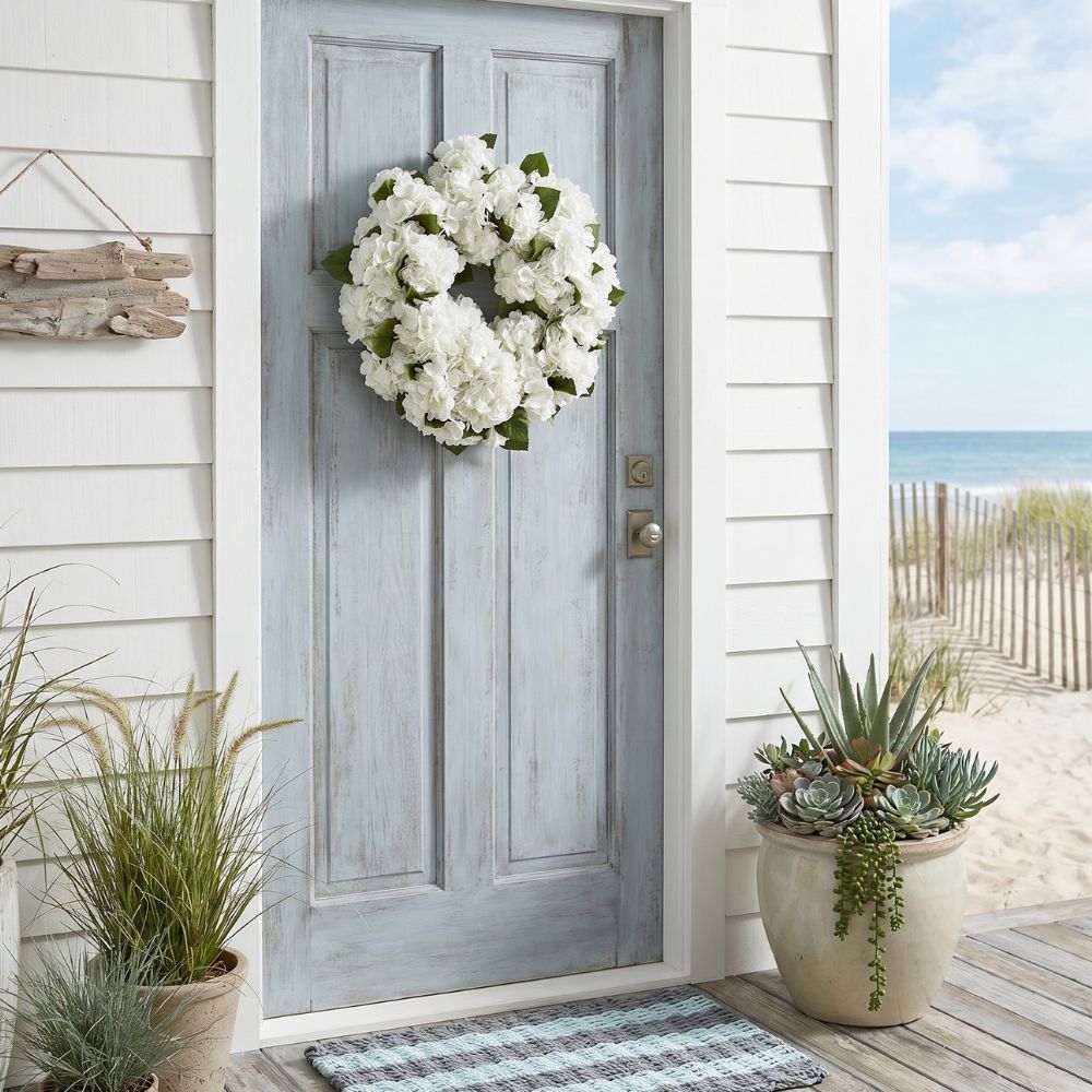 White hydrangea wreath, 24-inch, soft flexible petals, adds fresh, crisp look to entryways or indoor spaces.