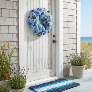 Blue Hydrangea Wreath 24 Inch Real Touch on Front Door with Coastal Lobster Rope Doormat and Beach House Porch Entry