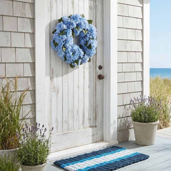 Blue Hydrangea Wreath 24 Inch Real Touch on Front Door with Coastal Lobster Rope Doormat and Beach House Porch Entry