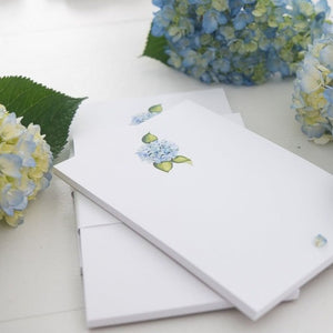 Watercolor hydrangea notepad with coastal-inspired floral design, Elegant, eco-friendly stationery printed in Massachusetts.