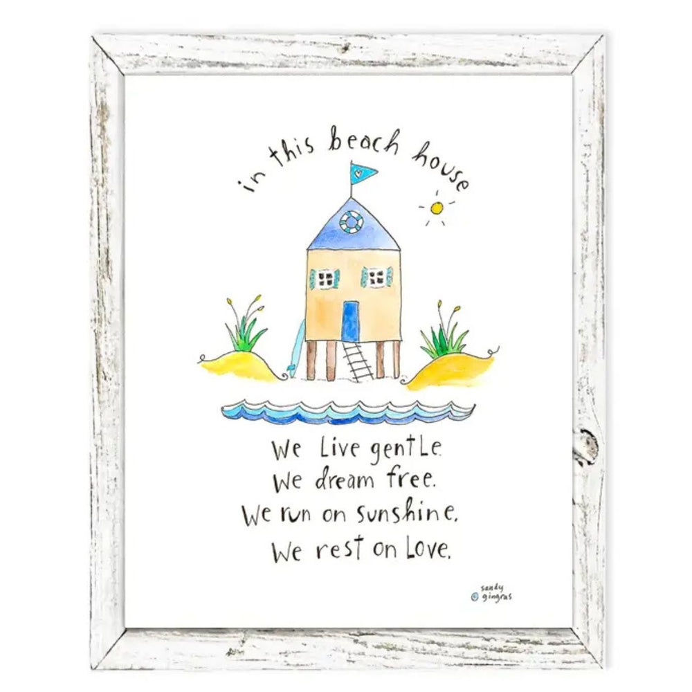 Framed coastal canvas shelf art ‘In This Beach House’ by Sandy Gingras in weathered wood frame, gray or antique white finish