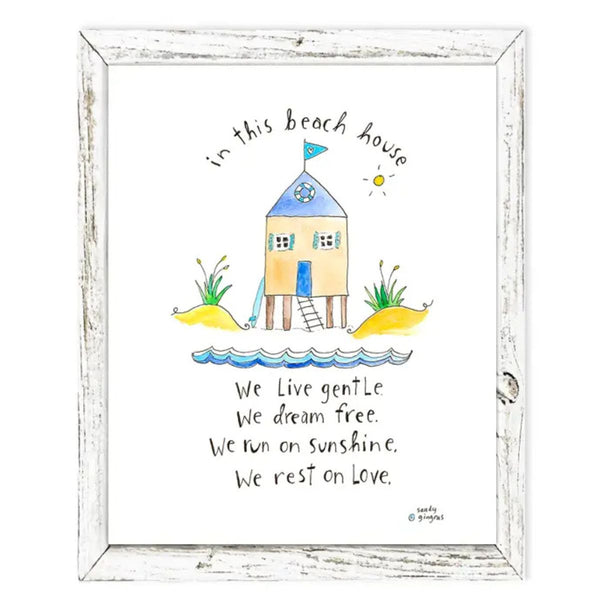 Framed coastal canvas shelf art ‘In This Beach House’ by Sandy Gingras in weathered wood frame, gray or antique white finish