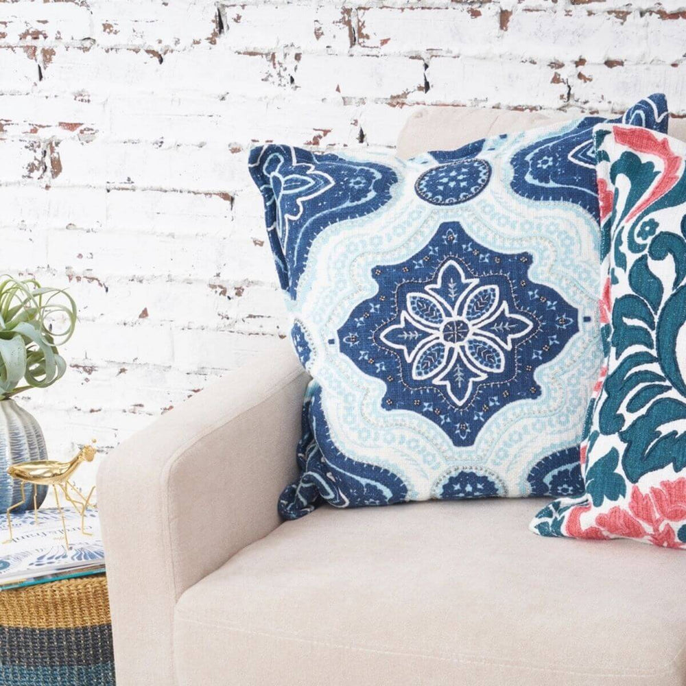 Floral Coastal Throw Pillow, Indigo & Surf (20 × 20), Coastal Decor Pillow with Medallion Print