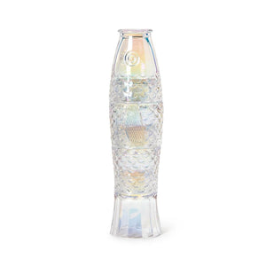 Close-up of shimmering Under The Sea iridescent glass with embossed fish pattern catching light