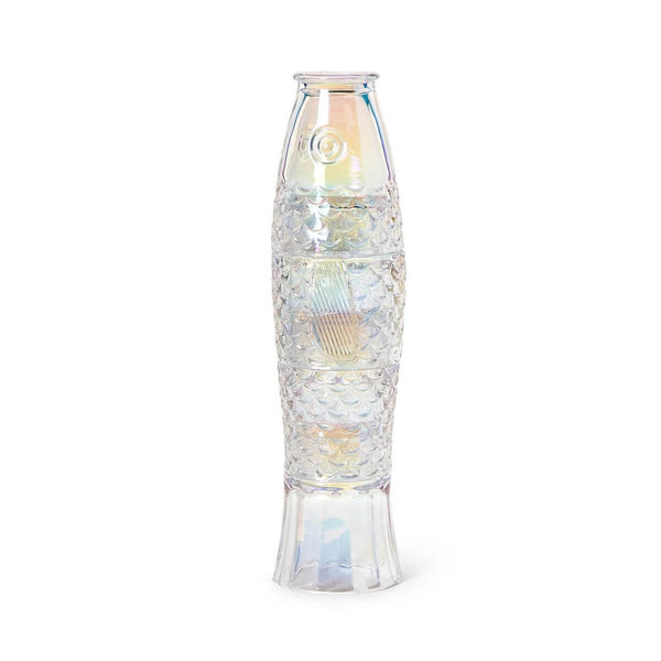 Close-up of shimmering Under The Sea iridescent glass with embossed fish pattern catching light