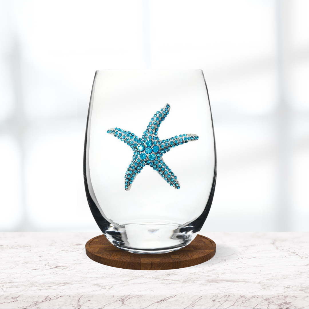 Jeweled Blue Starfish Stemless Wine Glass