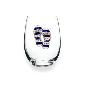 Jeweled Blue and White Flip Flop Stemless Wine Glass, 15 oz.