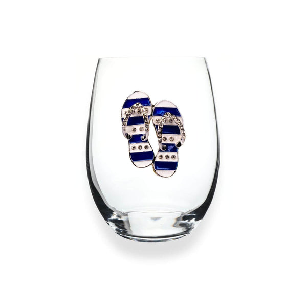 Jeweled Blue and White Flip Flop Stemless Wine Glass, 15 oz.