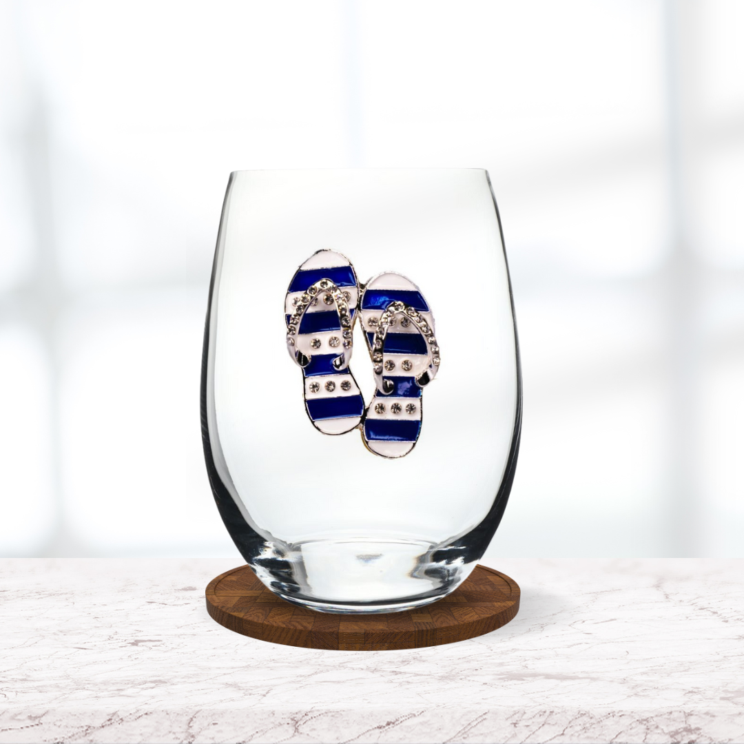 Jeweled Blue and White Flip Flop Stemless Wine Glass