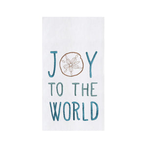 Blue “Joy to the World” flour sack towel with a sand dollar design, made of soft cotton and sized 18 x 27 inches, adding a subtle coastal touch to holiday kitchen décor.