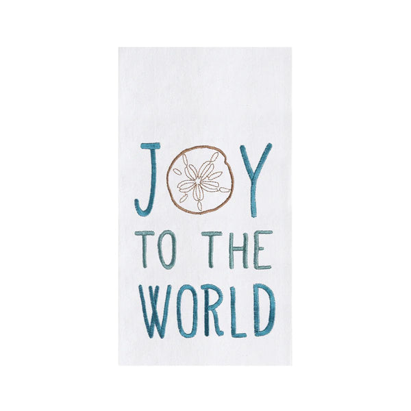 Blue “Joy to the World” flour sack towel with a sand dollar design, made of soft cotton and sized 18 x 27 inches, adding a subtle coastal touch to holiday kitchen décor.