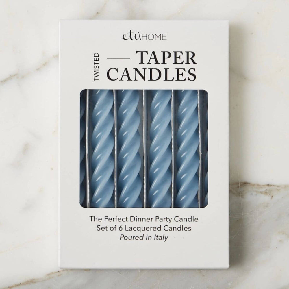Lacquered denim blue taper candles, twisted design, set of 6, 4.5-hour burn time for stylish table accents