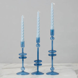 Six lacquered denim blue twisted taper candles, perfect for festive, coastal, or elegant tabletop displays, Boxed Set of 6