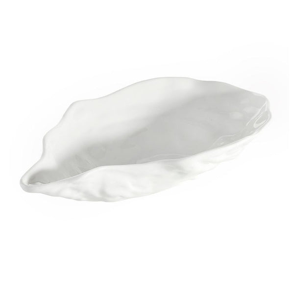 Large white ceramic oyster-shaped serving bowl, 11 inches long
