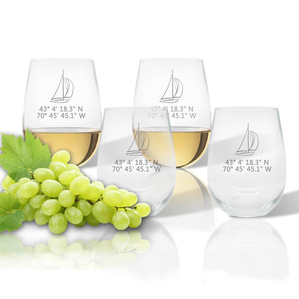 Latitude Longitude Stemless Wine, 5 Nautical Design Choices + GPS Coordinates, Unbreakable Acrylic Drinkware Sets New England Trading Co   