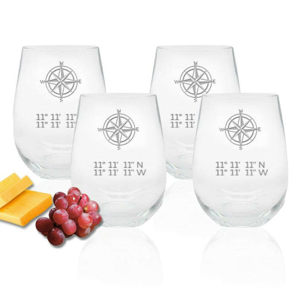 Latitude/Longitude Stemless Wine Glasses, Nautical Design + Coordinates, Set of 4 Drinkware Sets New England Trading Co   