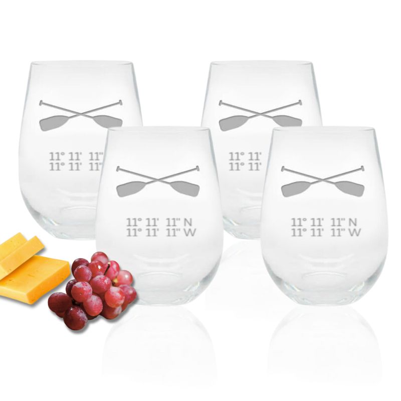 Latitude/Longitude Stemless Wine Glasses, Nautical Design + Coordinates, Set of 4 Drinkware Sets New England Trading Co   
