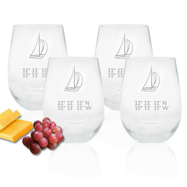 Latitude/Longitude Stemless Wine Glasses, Nautical Design + Coordinates, Set of 4 Drinkware Sets New England Trading Co   
