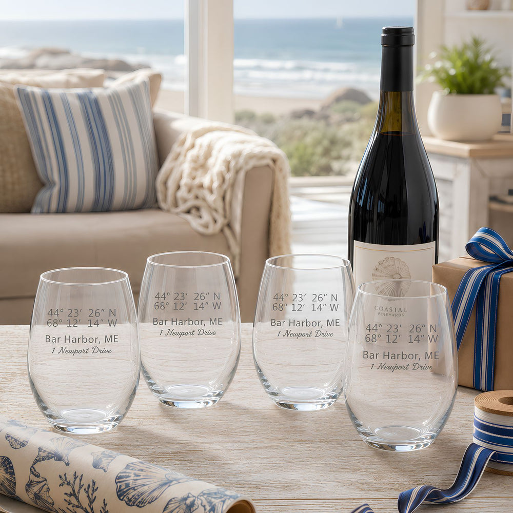 Latitude & Longitude Glasses, Stemless Wine, Set of 4 Drinkware Sets Nautical Living   