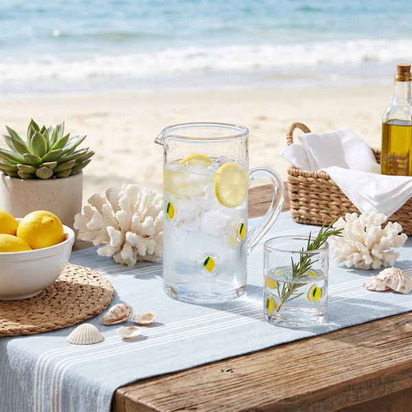 Lemon Double Old Fashioned Glass with Lemon Glass Pitcher, Coastal Drinkware For Beach House Entertaining, Summer Tabletop Decor For Seaside Homes