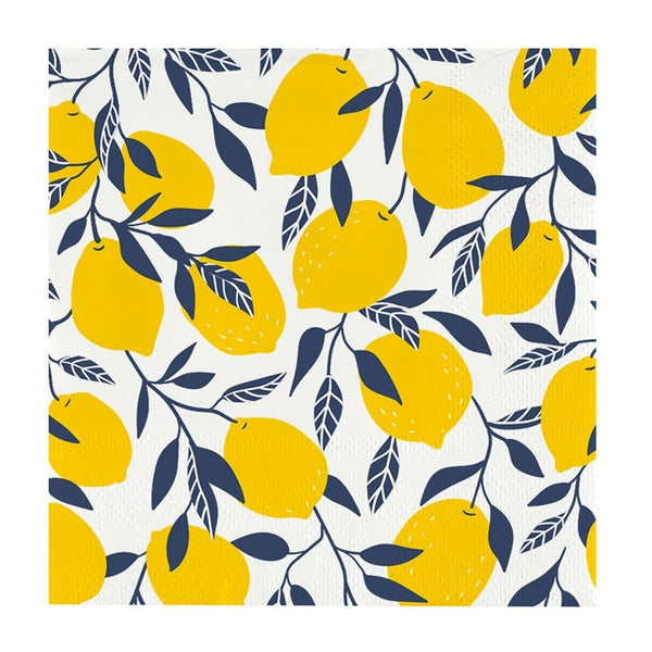 Close-up of lemon print cocktail napkin with blue leaves on white paper