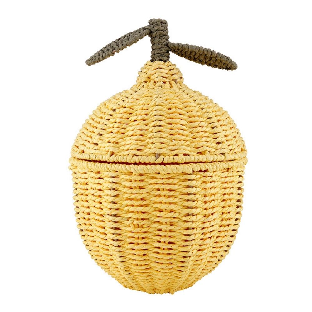 Decorative lemon wicker basket with lid made from woven paper rope