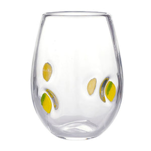 Stemless wine glass with hand-painted lemon illustrations on clear glass