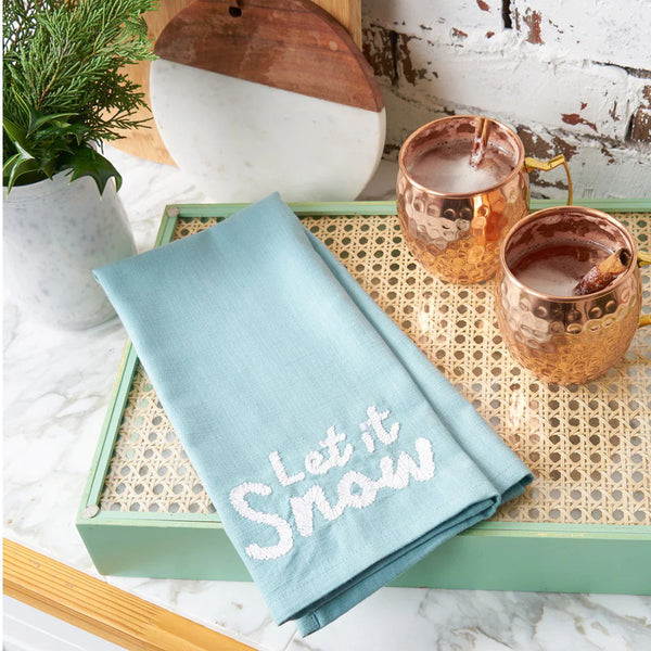 “Let It Snow” Woven Surf Blue Cotton Holiday Towel, Coastal Kitchen Towel 18" x 27" New England Trading Co