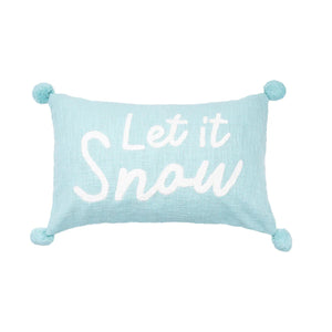 Festive cotton pillow with pompom edging and winter-inspired “Let It Snow” design for seasonal décor.