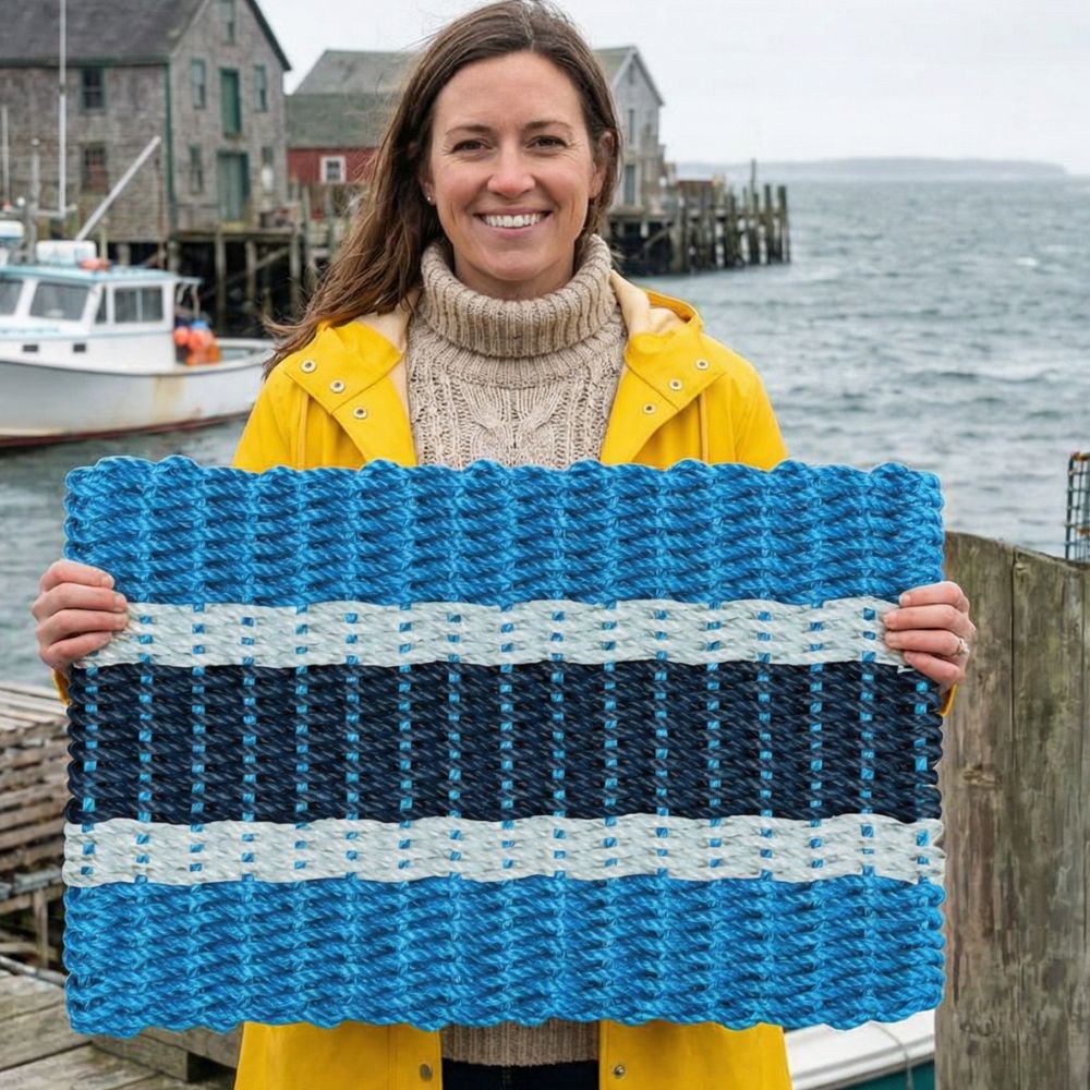 Light Blue, Seafoam & Navy Striped Lobster Rope Doormat | New