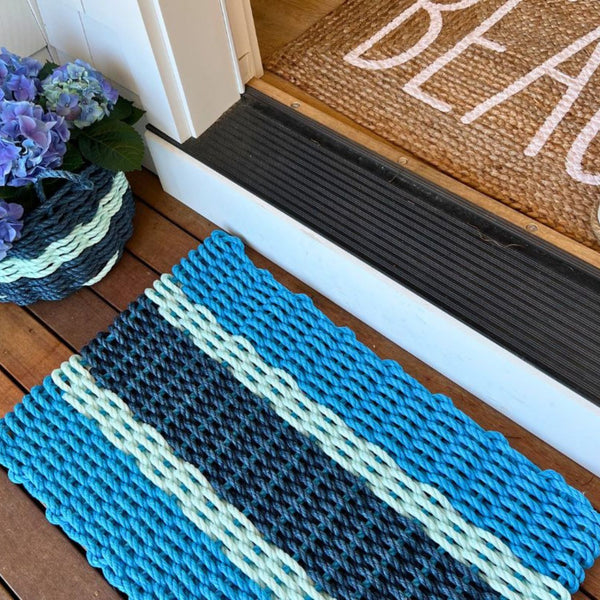 Light Blue, Seafoam, Navy Lobster Rope Doormat, Outdoor Doormats Woven in Maine