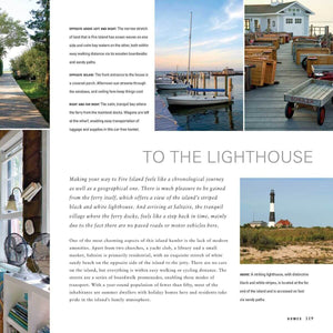 "Living by the Water" Hardcover Book by Sally Hayden, Magazine layout featuring coastal scenes, including a lighthouse, docks, wooden wagons, and a boardwalk surrounded by trees.
