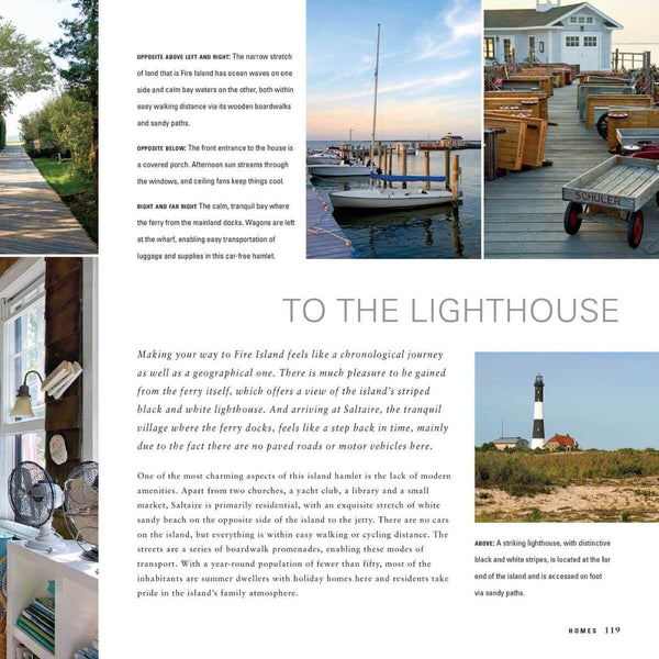 "Living by the Water" Hardcover Book by Sally Hayden, Magazine layout featuring coastal scenes, including a lighthouse, docks, wooden wagons, and a boardwalk surrounded by trees.
