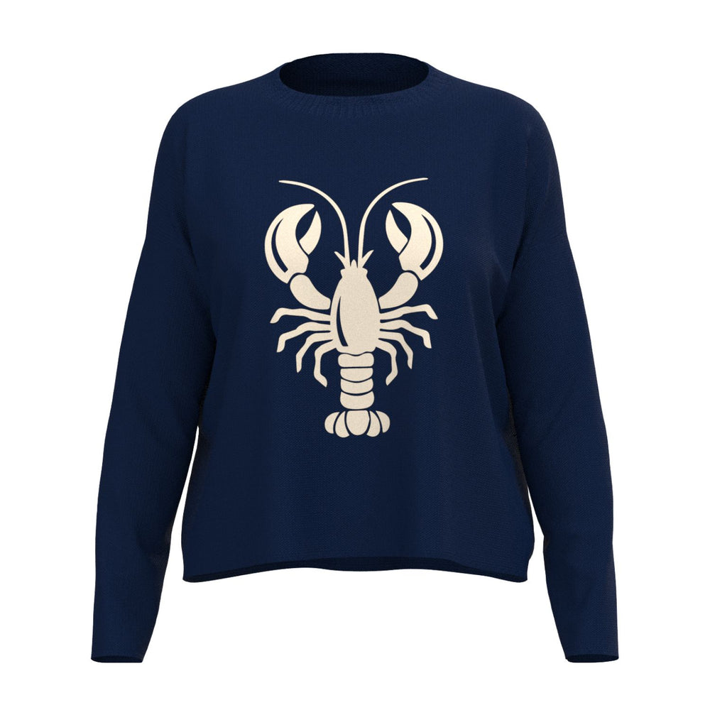 Lobster Boxy Sweater In Navy And Natural With Oversized Lobster Front Graphic, Nautical Print Sweaters, Lobster Coastal Gifts