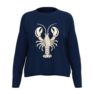 Lobster Boxy Sweater In Navy And Natural With Oversized Lobster Front Graphic, Nautical Print Sweaters, Lobster Coastal Gifts