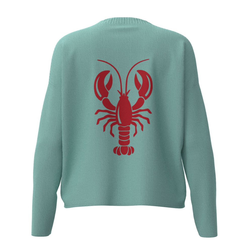 Maine Lobster Icon Sweater In Aqua And Red With Maine Front Print, Maine Coastal Gifts, Maine Clothing