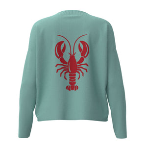 Maine Lobster Icon Sweater In Aqua And Red With Red Lobster Back Graphic, Maine Coastal Gifts, Maine Clothing