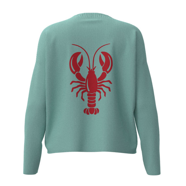 Maine Lobster Icon Sweater In Aqua And Red With Red Lobster Back Graphic, Maine Coastal Gifts, Maine Clothing