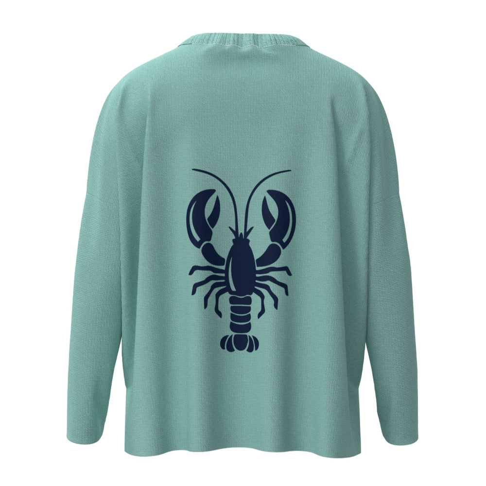 Wells Maine Lobster Icon Sweater In Aqua And Navy With Wells Maine Front Print, Maine Coastal Gifts, Maine Print Sweaters